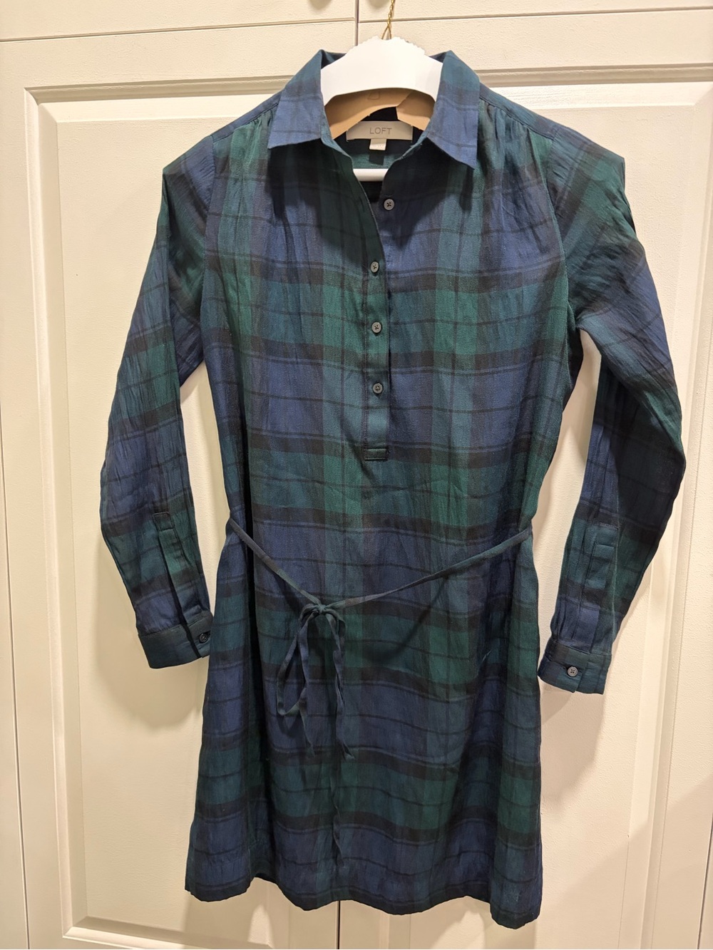 LOFT Blue and Green Plaid Long-Sleeve Shirt Dress